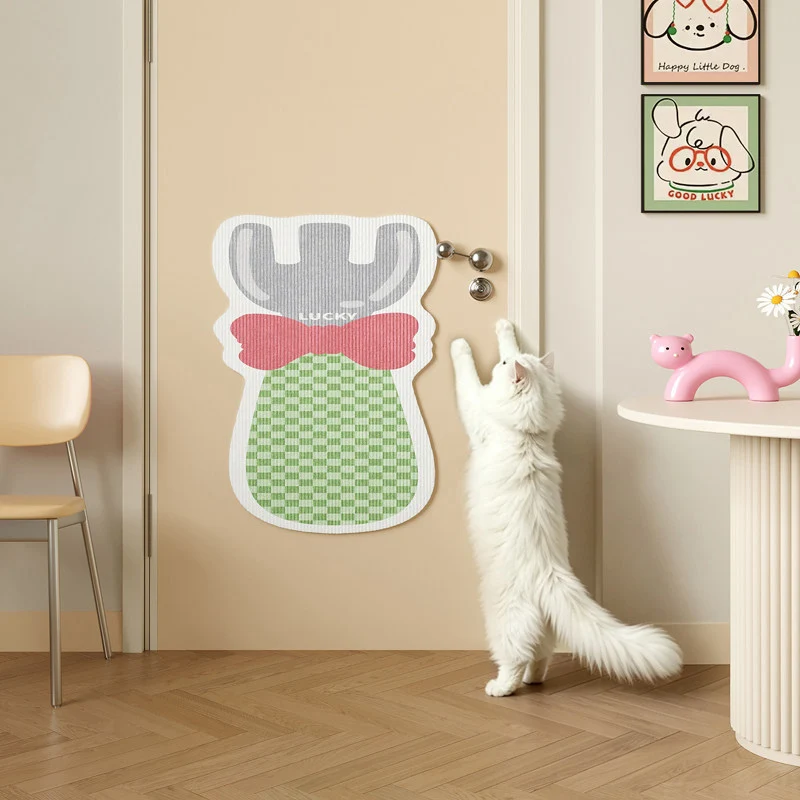 Door-Mounted Adhesive Cat Scratching Protector Pad with Textured Surface and Decorative Bow Shape