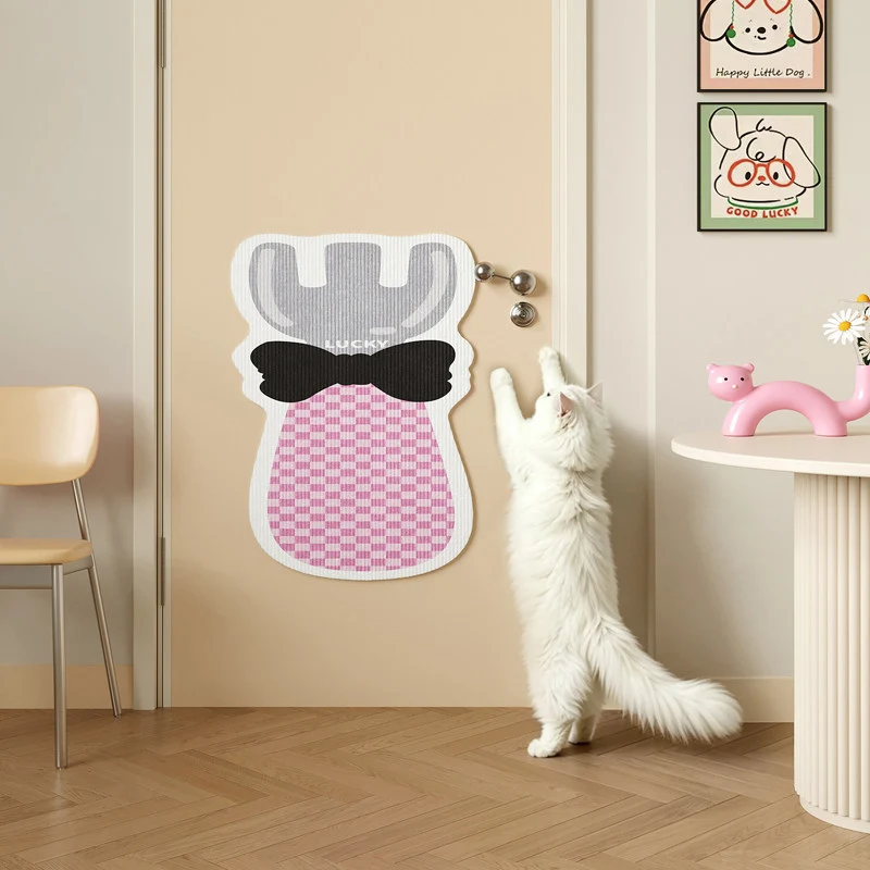 Door-Mounted Adhesive Cat Scratching Protector Pad with Textured Surface and Decorative Bow Shape