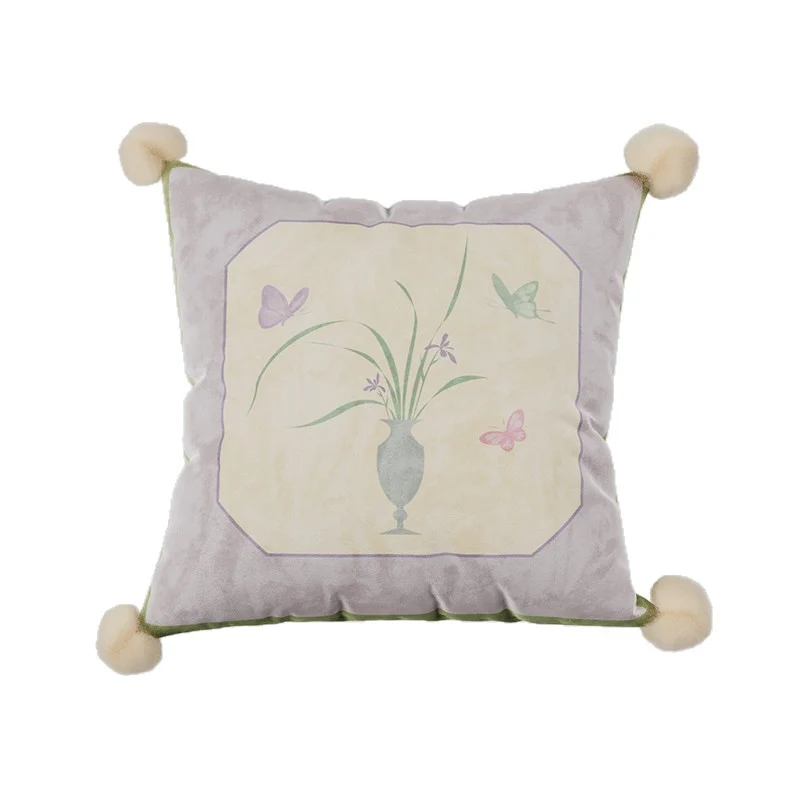 Decorative Velvet Throw Pillow Cover with Pom-Pom Corners and Botanical Butterfly Motif