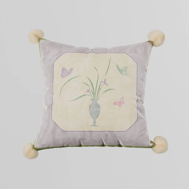 Decorative Velvet Throw Pillow Cover with Pom-Pom Corners and Botanical Butterfly Motif