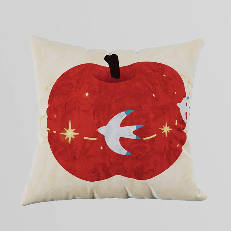 Decorative Velvet Square Throw Pillow with Illustrated Apple & Swallow Motif