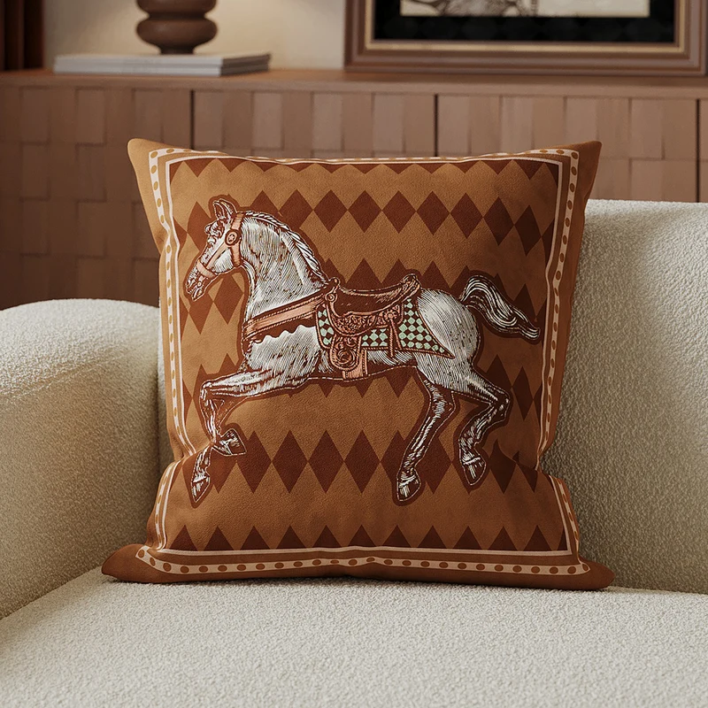 Decorative Velvet-Front Throw Pillow Cover with Unicorn Motif and Contrast Piped Edge
