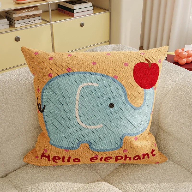 Decorative Throw Pillow with Playful Cloud Elephant Illustration and Textured Knit Cover