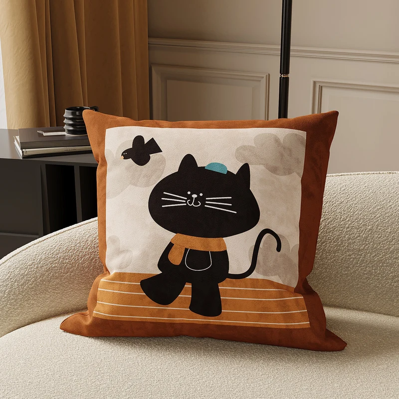 Decorative Striped Cotton-Linen Throw Pillow Cover with Playful Black Cat Motif