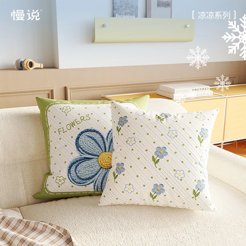 Decorative Embroidered Floral Cotton-Linen Throw Pillow Cover with Diagonal Rib Texture