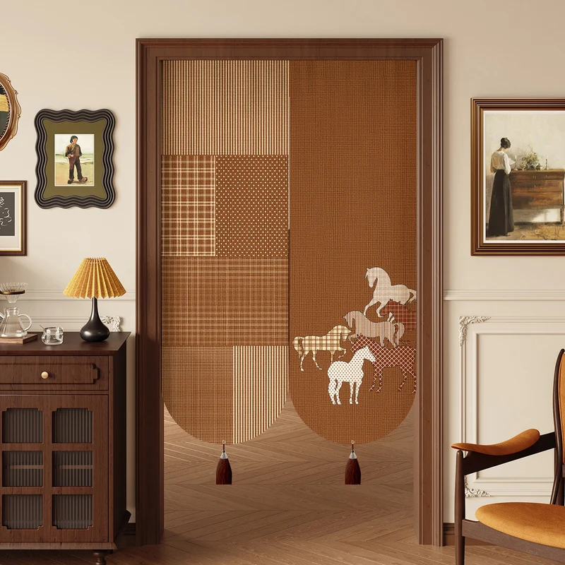 Decorative Cotton-Linen Split Door Curtain with Equestrian Print and Tassel Weights
