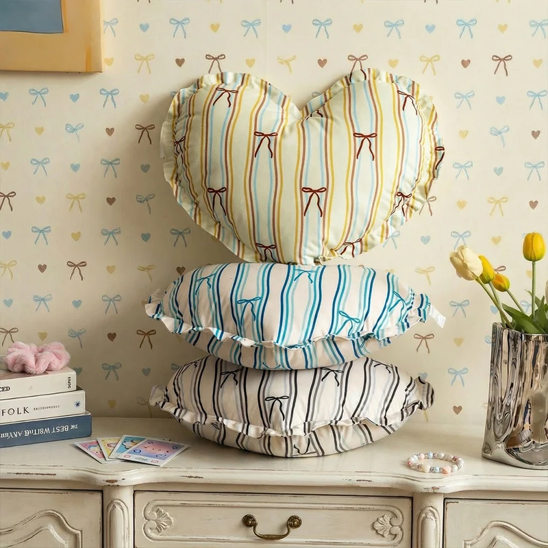 Heart-shaped cotton decorative cushion with gathered edge and heart stripe motif Stornfield