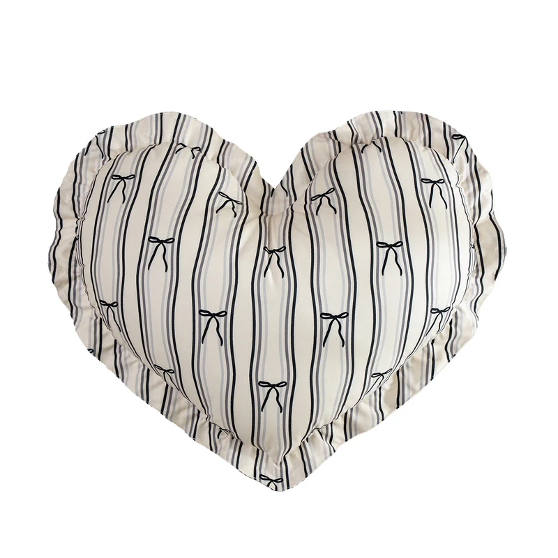 Heart-shaped cotton decorative cushion with gathered edge and heart stripe motif Stornfield