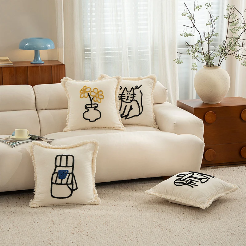 Woven decorative pillow cover with embroidered café motif and decorative fringe edge Stornfield