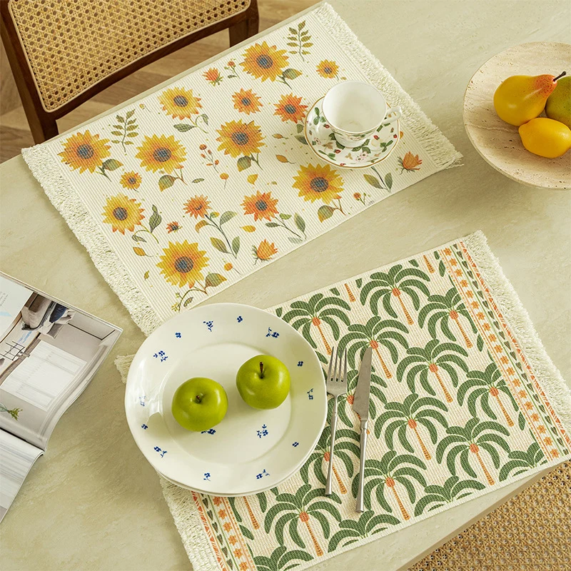 Woven living and beach rug with palm jacquard and decorative fringes Stornfield