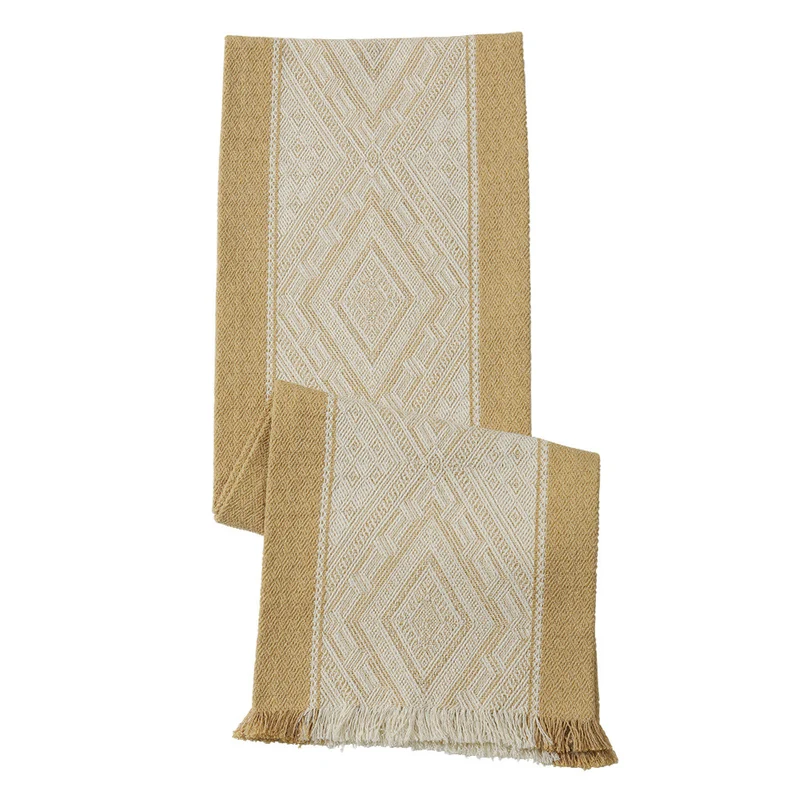 Woven table runner with geometric ethnic ornament and fringes Stornfield