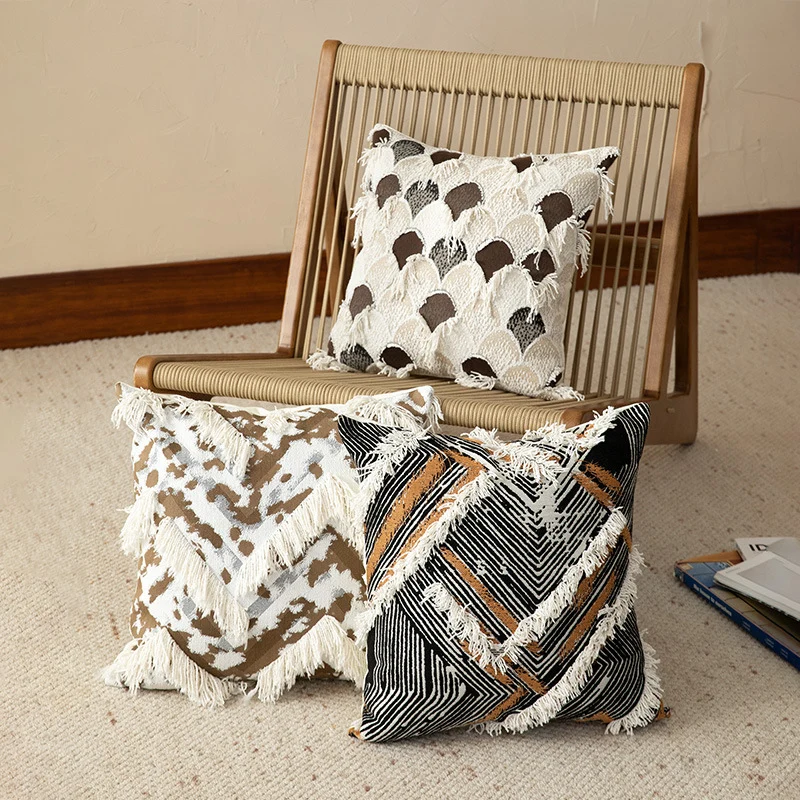 Woven Boho decorative pillow cover with fringes and geometric chevron motif Stornfield