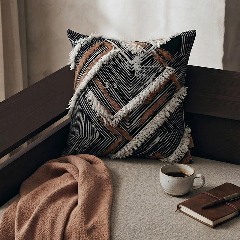 Woven Boho decorative pillow cover with fringes and geometric chevron motif Stornfield