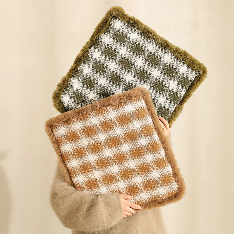 Padded checked chair cushion with faux fur border Stornfield
