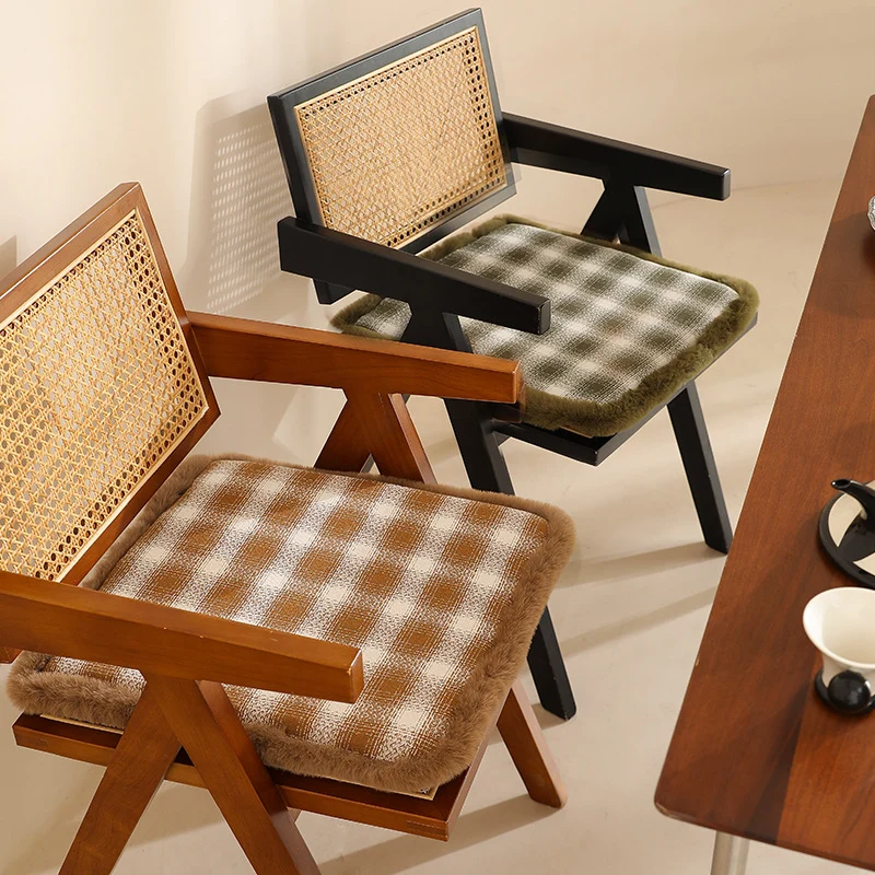 Padded checked chair cushion with faux fur border Stornfield