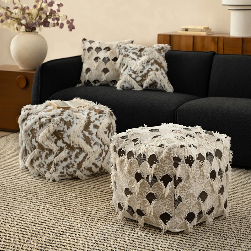 Filled floor seat pouf in ethnic jacquard with decorative fringes Stornfield