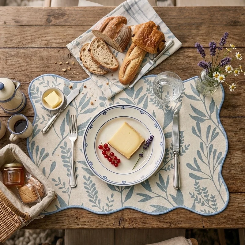 Shaped table set with curved contour and botanical leaf pattern Stornfield