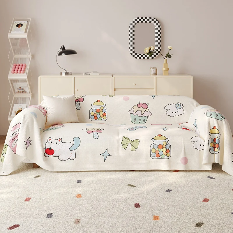 Decorative Cotton-Linen Kawaii Candy and Cat Print Sofa Slipcover