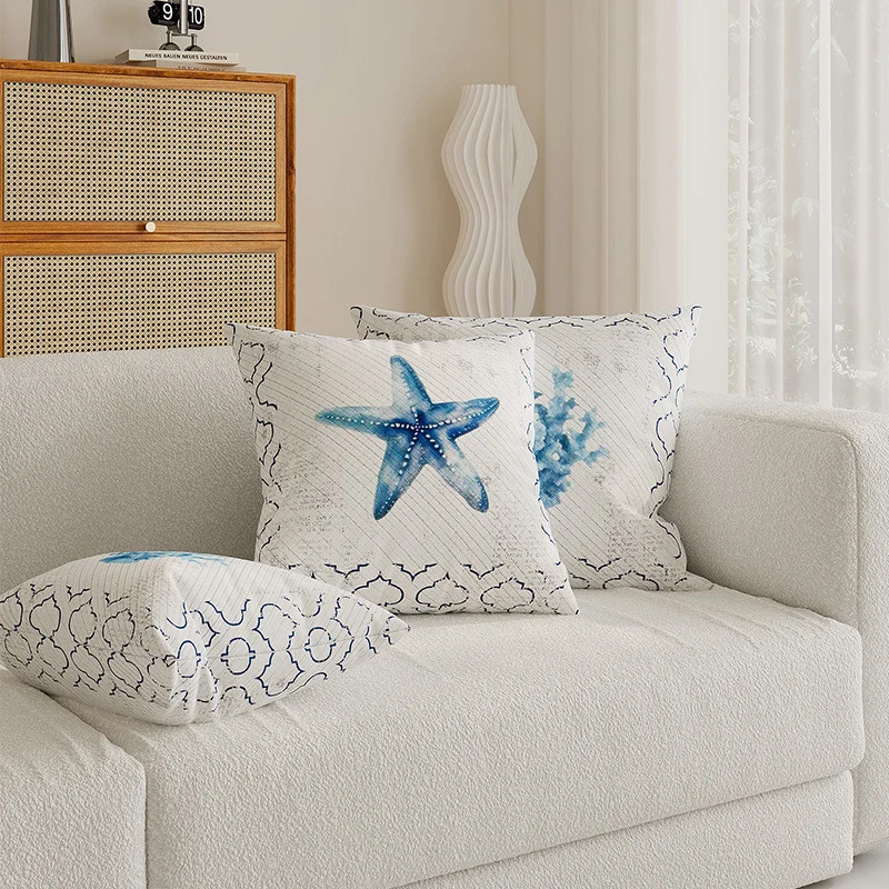 Decorative Coastal Shell Print Square Throw Pillow Cover with Textured Woven Fabric