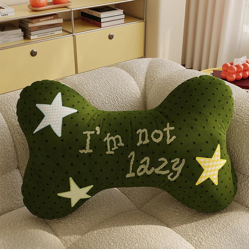 Decorative Bone-Shaped Throw Pillow with Slogan Embroidery