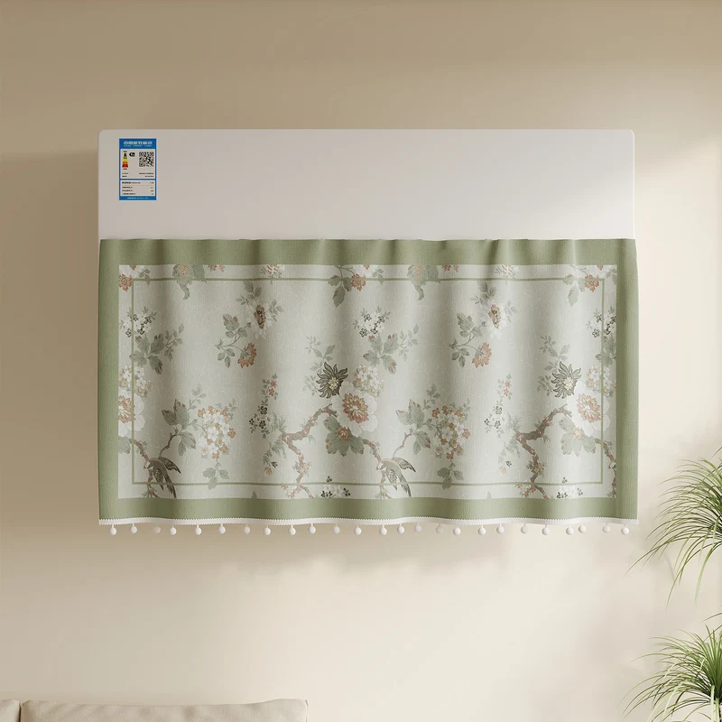 Decorative Air Conditioner Top Dust Cover Curtain with Botanical Bird Print and Pom-Pom Trim