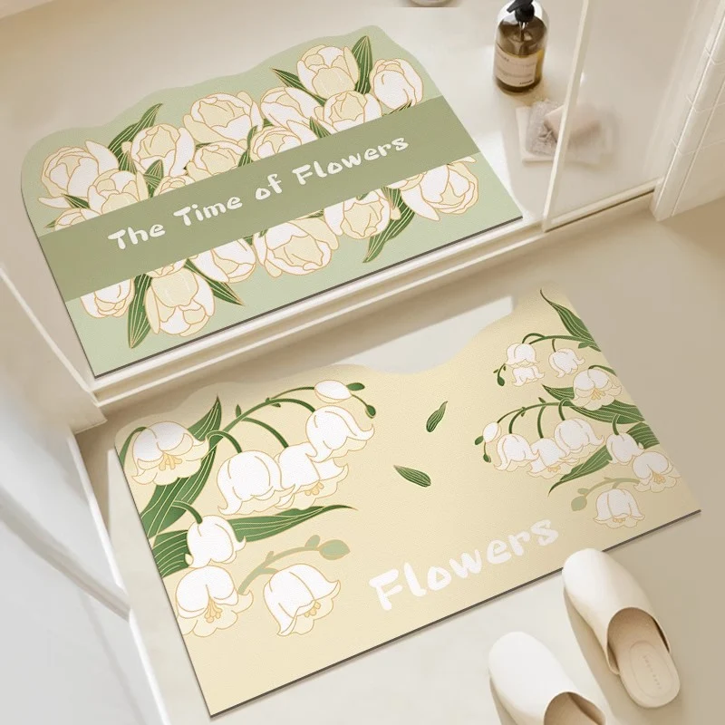 Absorbent Non-Slip Entrance Doormat with Tulip Illustration and 'The Time of Flowers' Typography