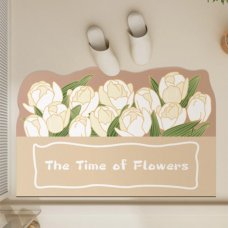 Absorbent Non-Slip Entrance Doormat with Tulip Illustration and 'The Time of Flowers' Typography