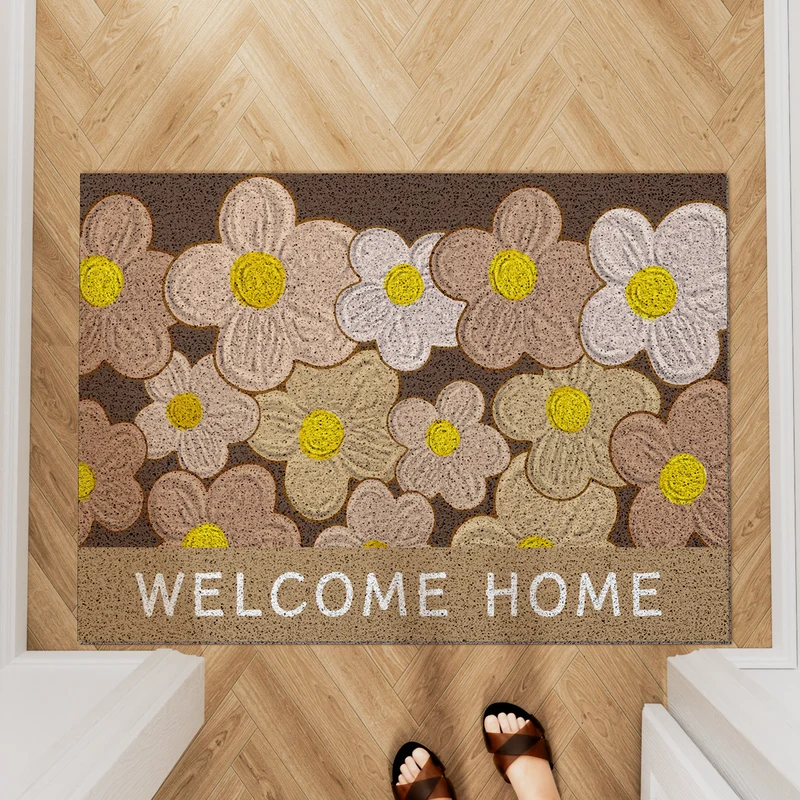Absorbent Anti-Slip Indoor Entrance Doormat with Retro Yellow Gerbera Print and 'Welcome Home' Typography