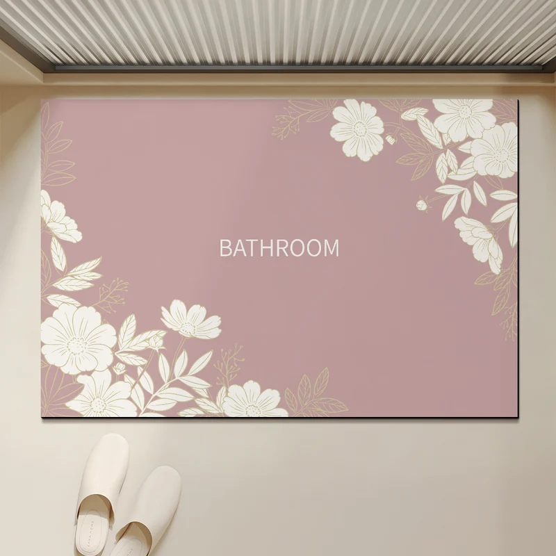 Absorbent Anti-Slip Bathroom Door Mat with Floral Corner Print and Quick-Dry Microfiber Surface
