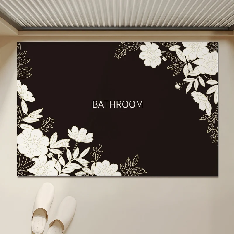 Absorbent Anti-Slip Bathroom Door Mat with Floral Corner Print and Quick-Dry Microfiber Surface
