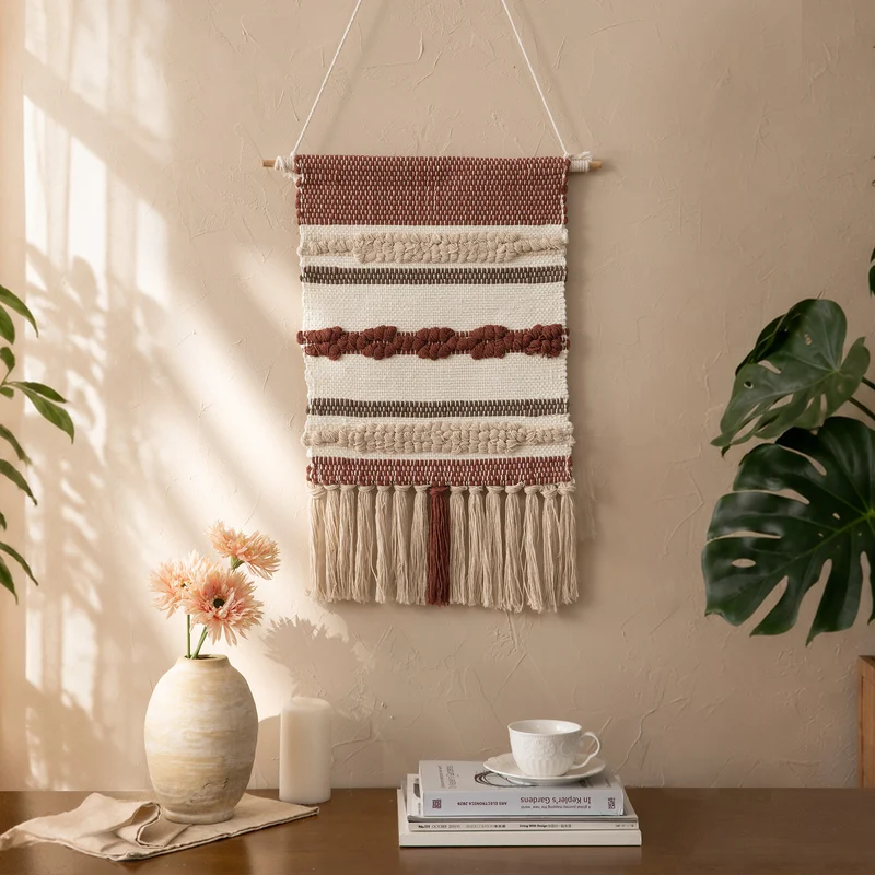 Boho Wall Hanging Macrame with Hand-Knotted Fringes and Woven Cable Patterns Stornfield