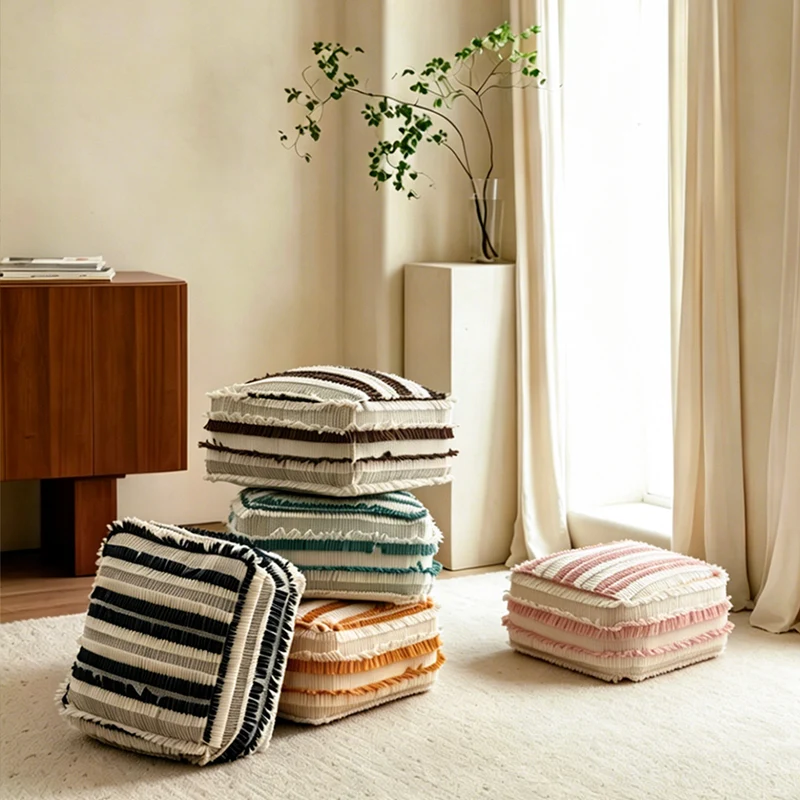 Floor cushion pouf with structured fringe surface Stornfield