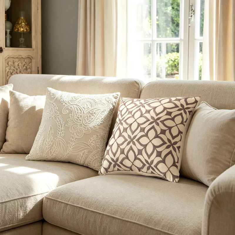 Embroidered decorative pillow in linen look with paisley ornament and relief embroidery Stornfield