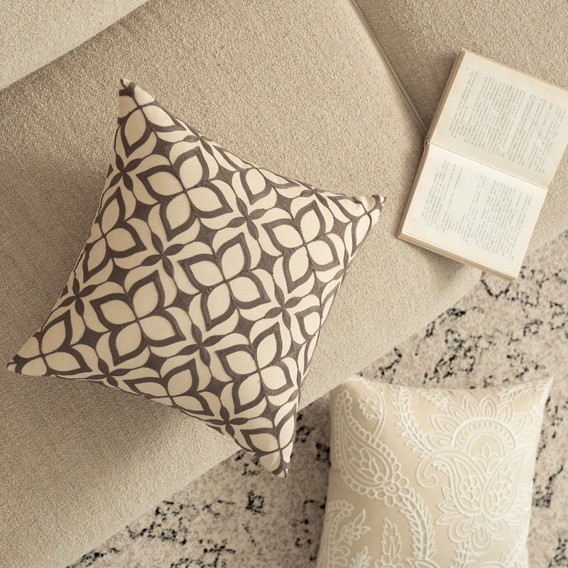 Embroidered decorative pillow in linen look with paisley ornament and relief embroidery Stornfield