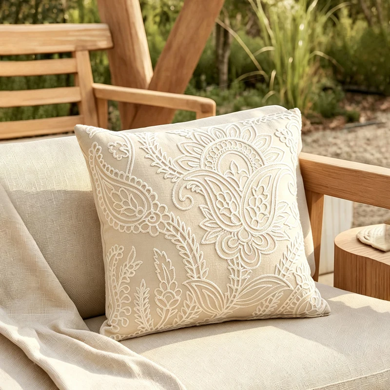 Embroidered decorative pillow in linen look with paisley ornament and relief embroidery Stornfield
