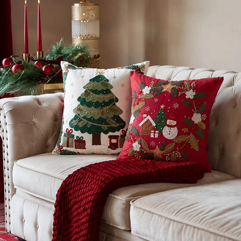 Embroidered Christmas cushion cover with reindeer and pine branch motif Stornfield