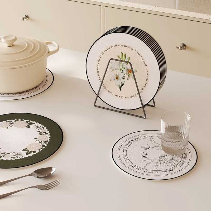 Round Decorative Leather-Look Drink Coaster with Embossed Floral Wreath
