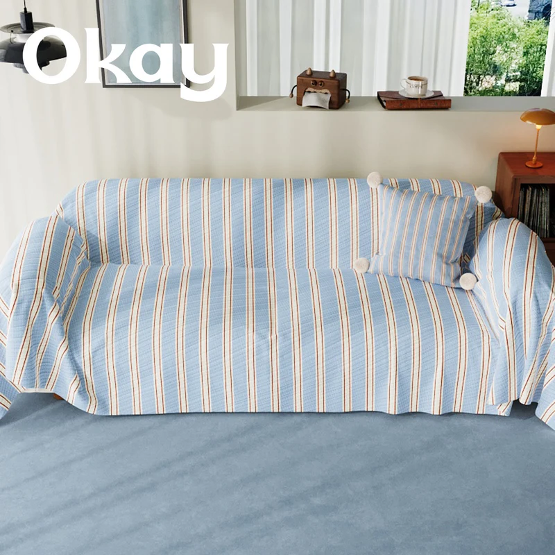 Quilted Striped Reversible Sofa Slipcover with Pom-Pom Accent Pillow