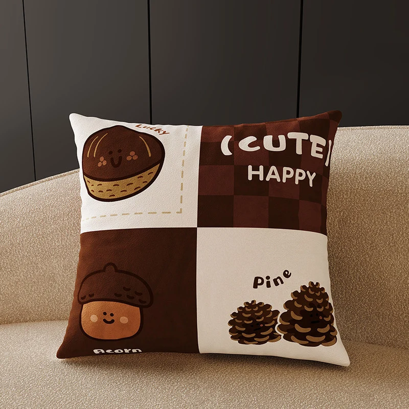 Plush Velvet Decorative Square Throw Pillow Cover with Cartoon Dog Family Illustration and Hidden Zipper