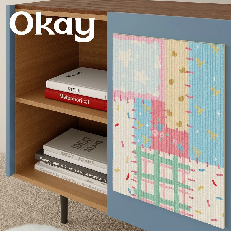 Patchwork Ribbed Textile Wall Art Panel with Kawaii Motif and Lightweight Hanging System