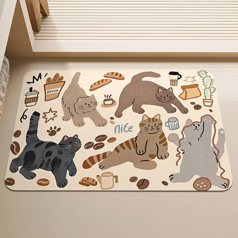 Low-Profile Microfiber Absorbent Floor Mat with Cute Cat & Coffee Illustrations