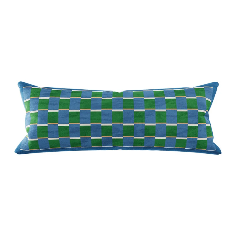 Long Lumbar Velvet Pillow Cover with Checkerboard Textured Panel and Hidden Zipper