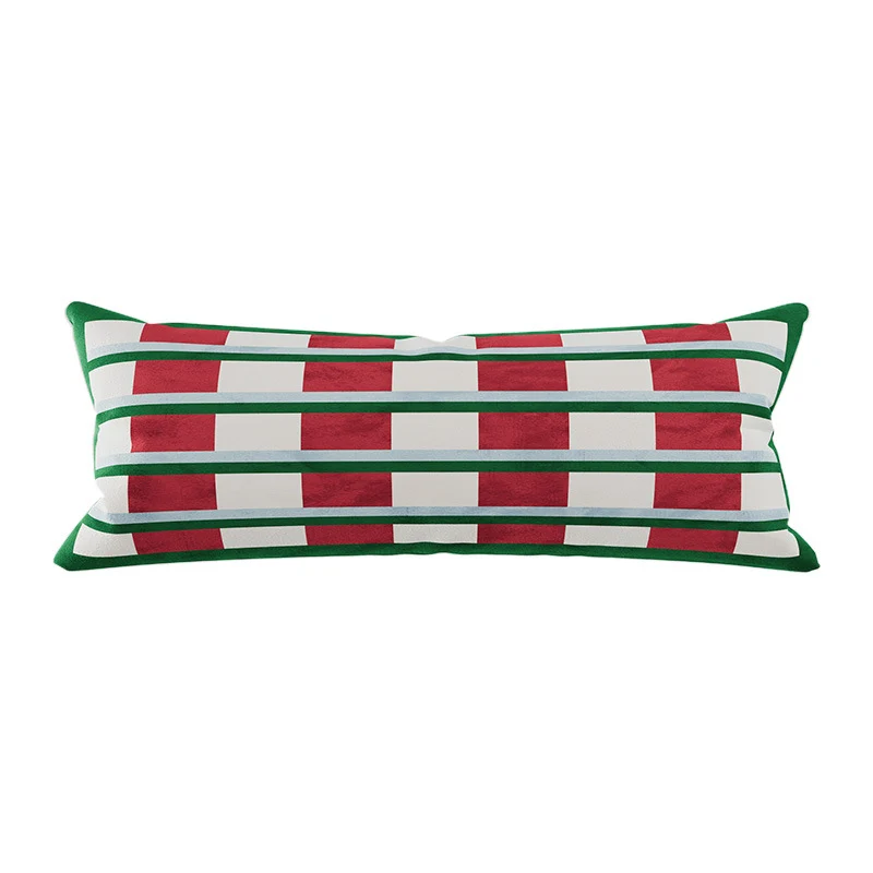 Long Lumbar Velvet Pillow Cover with Checkerboard Textured Panel and Hidden Zipper