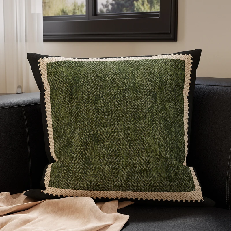 Decorative Woven Throw Pillow Cover with Geometric Chevron Texture and Contrasting Piped Edge