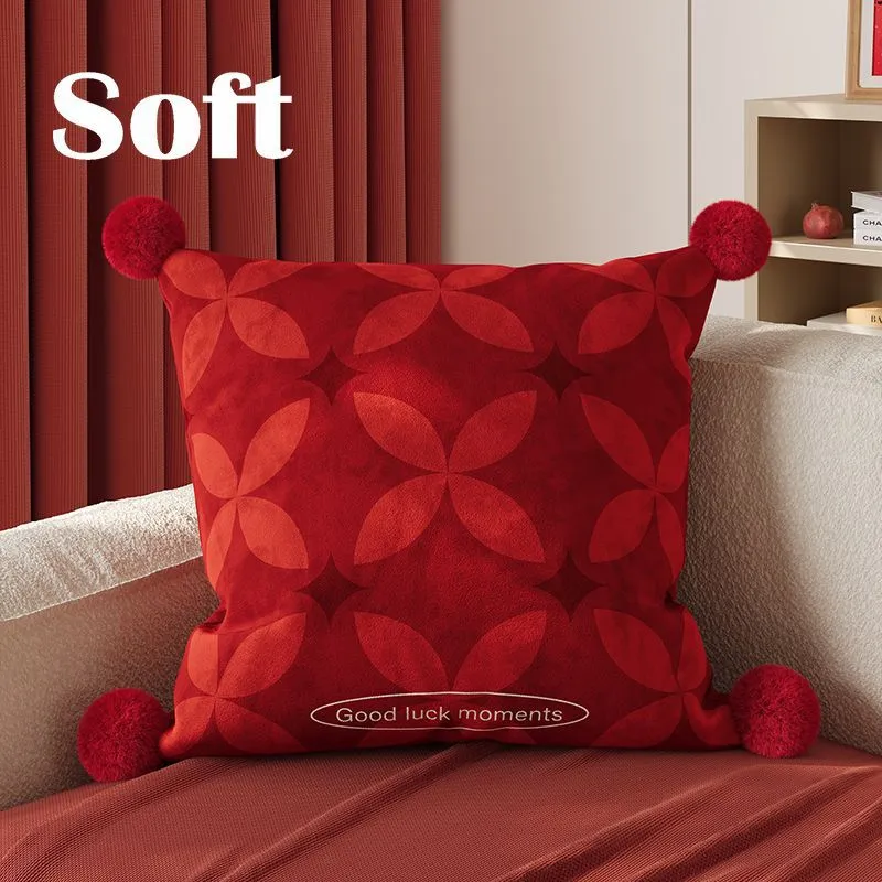 Decorative Velvet Square Throw Pillow with Corner Pom-Poms and Geometric Floral Emboss