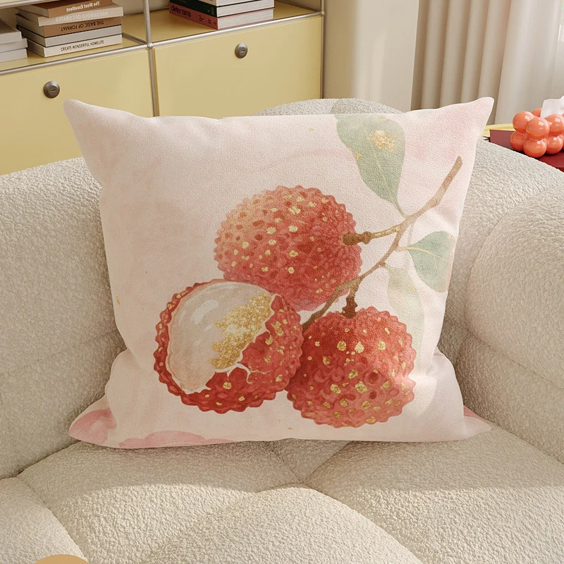 Decorative Square Throw Pillow Cover with Watercolor Lychee Botanical Print and Hidden Zipper