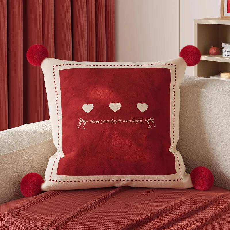 Decorative Square Throw Pillow Cover with Pom-Pom Corners and Cartoon Dog Illustration