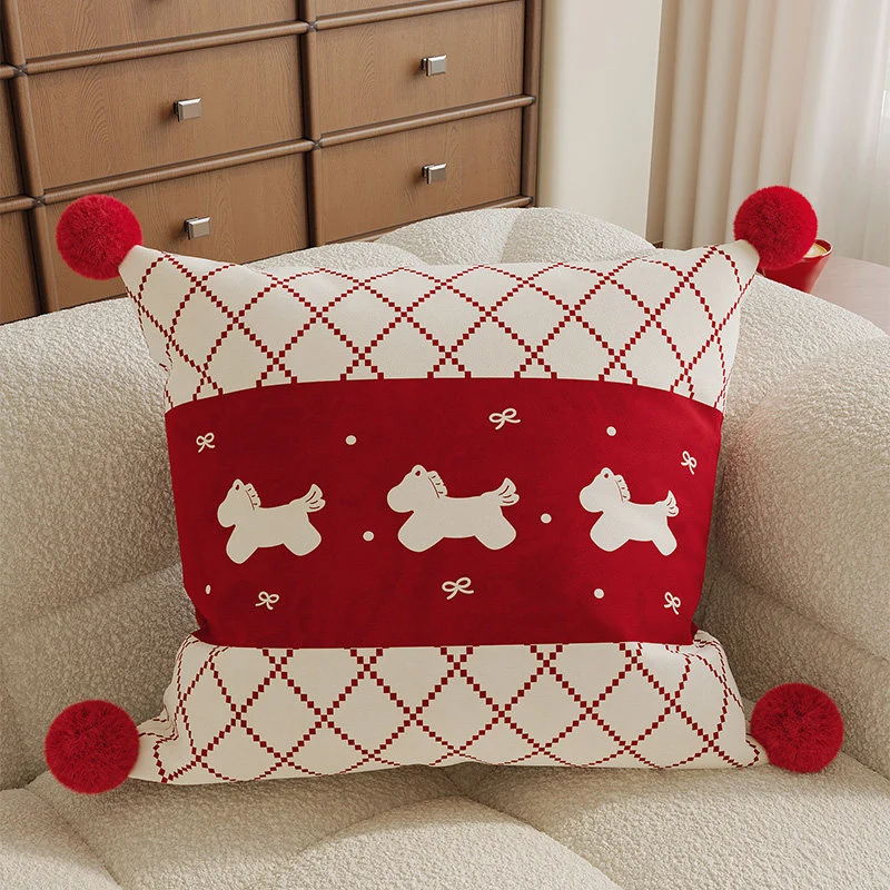 Decorative Square Pom-Pom Throw Pillow Cover with Jacquard Floral Motif