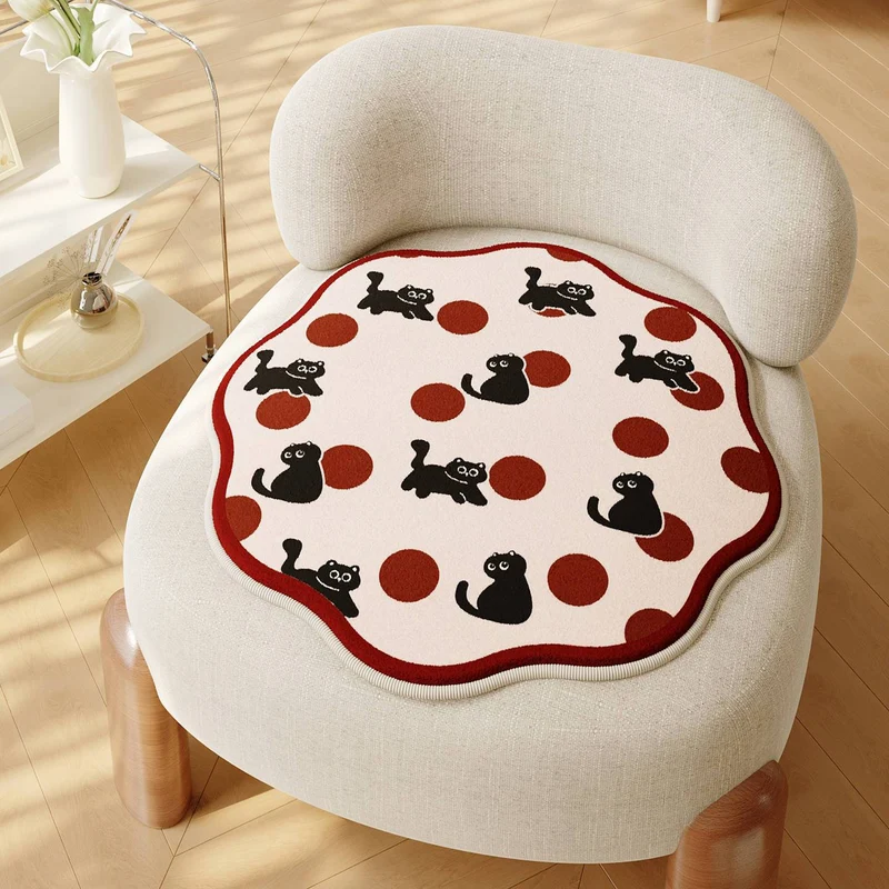 Decorative Scalloped Round Chair Seat Cushion Pad with Cartoon Cat and Polka Dot Print
