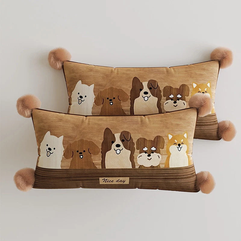 Decorative Rectangular Throw Pillow with Pom-Pom Corners and Patchwork Cat Illustration